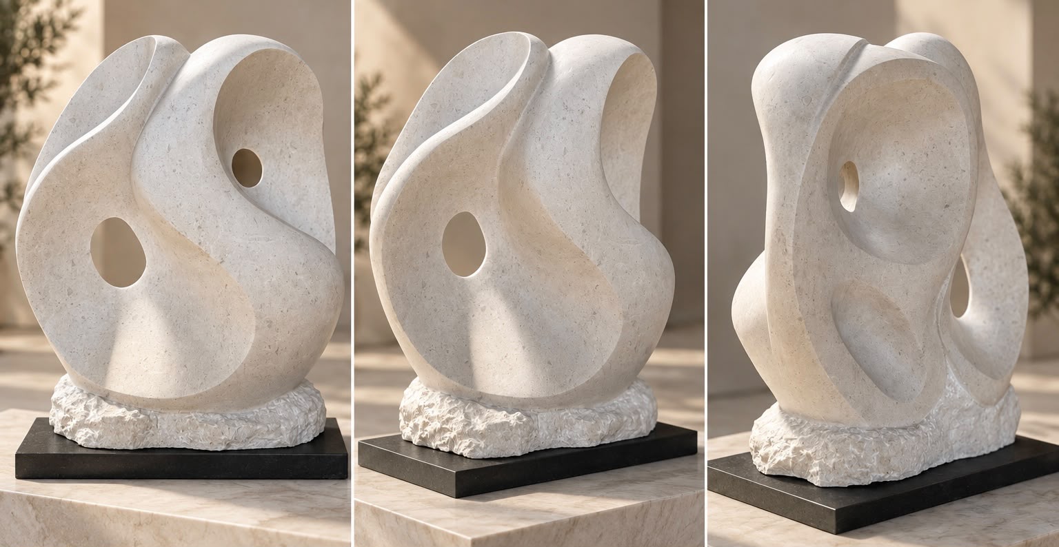 Homepage – trio panorama Panoramic view of three of Jo Sell’s stone sculptures displayed together